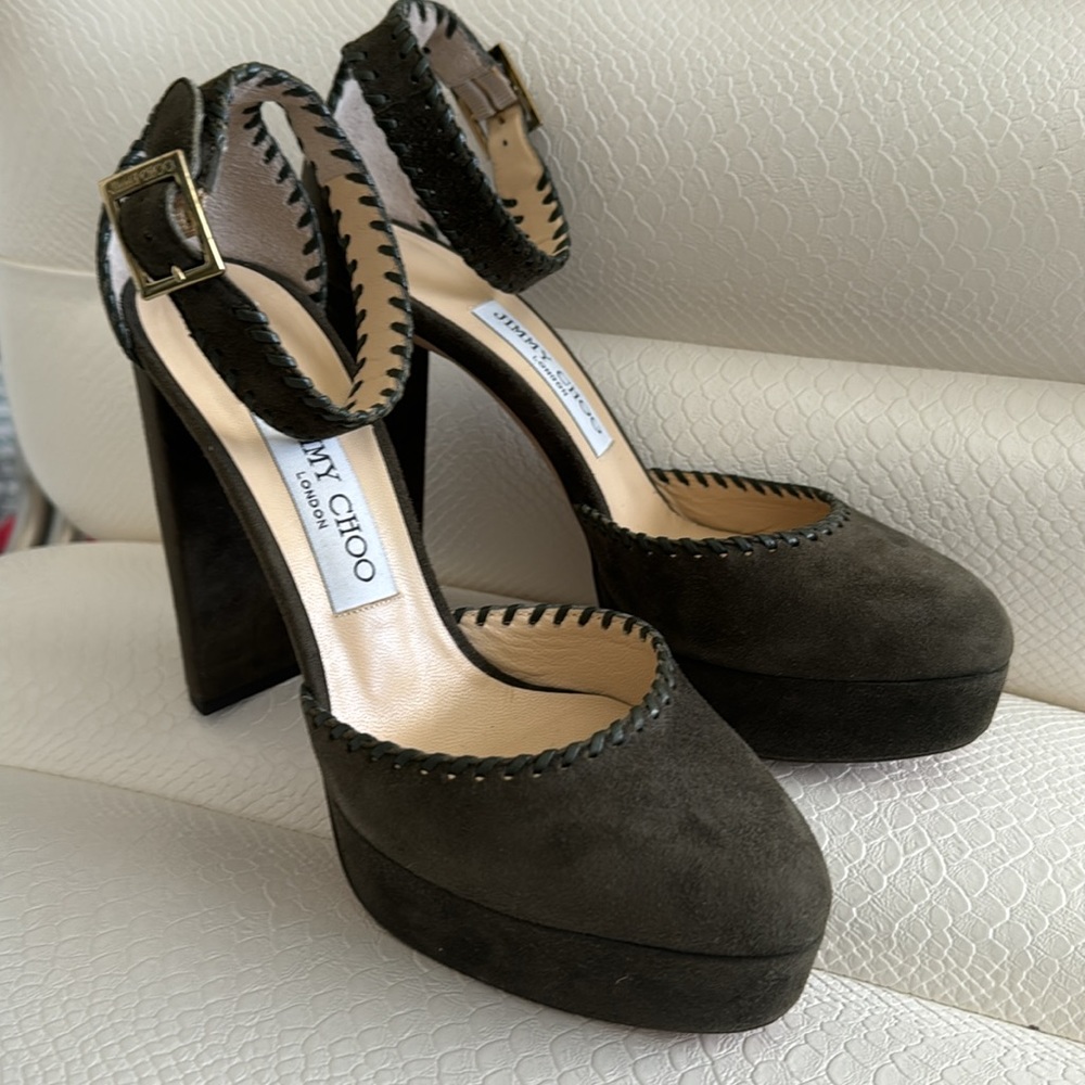 Jimmy Choo Suede Green Ankle Strap Platform Heels